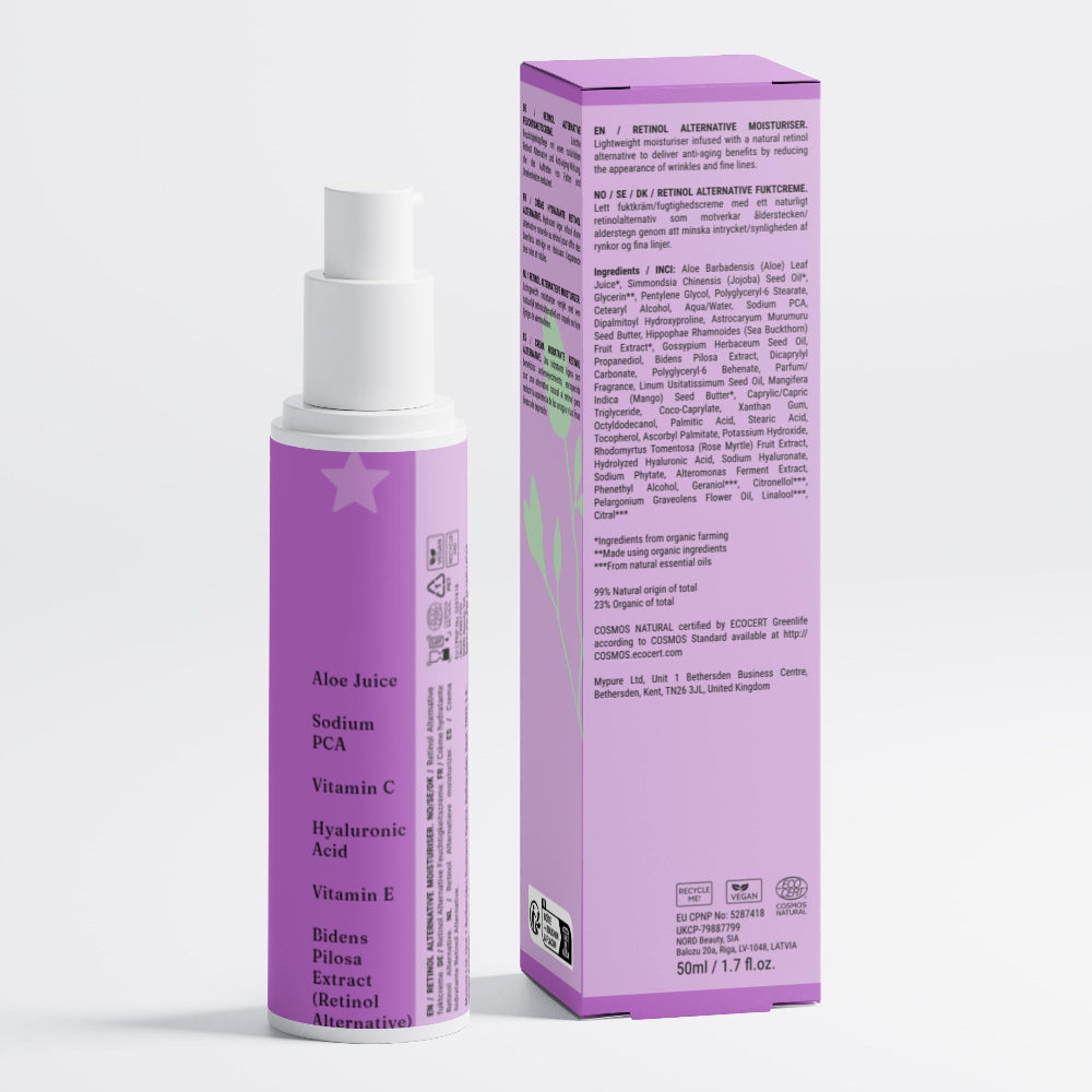 Purple skincare product bottle and box on a white background LUXINA