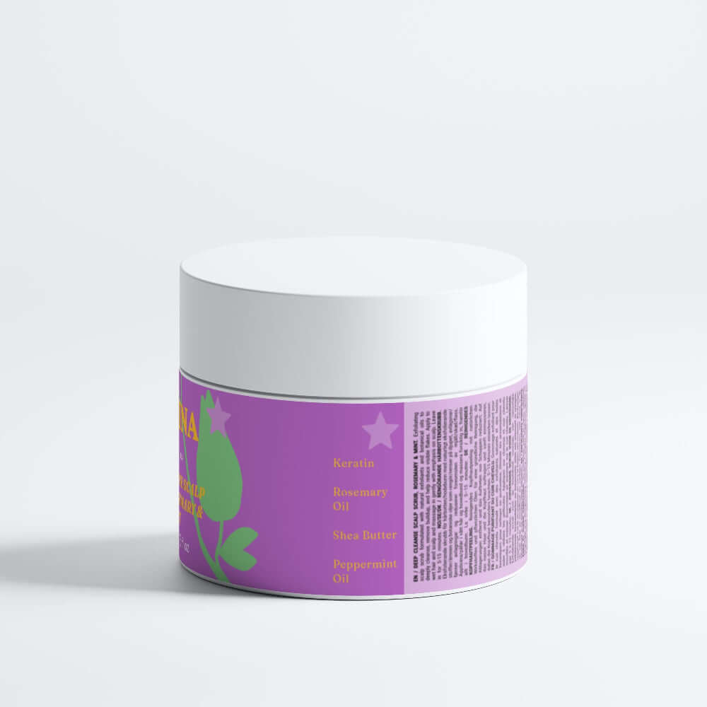 Jar with a purple label featuring a green leaf design on a white background LUXINA