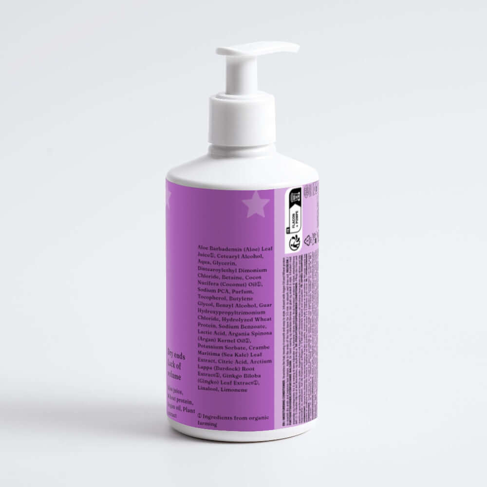 Bottle with a purple label on a white background LUXINA