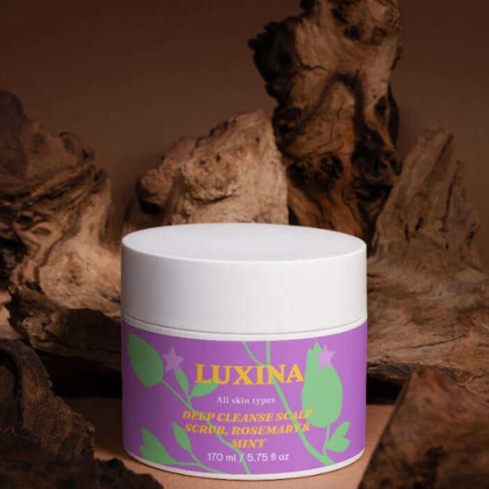 Luxina skincare product jar with a natural wood background