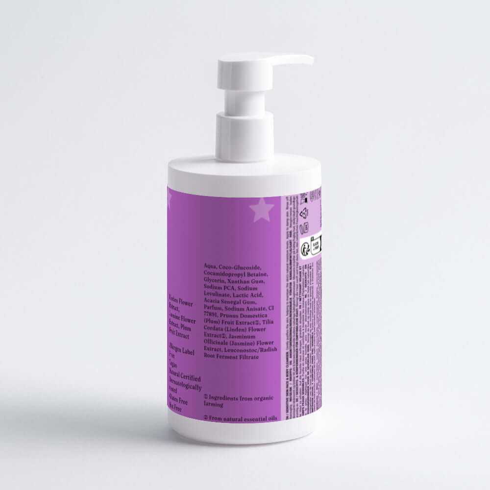 Lotion bottle with purple label on a white background LUXINA
