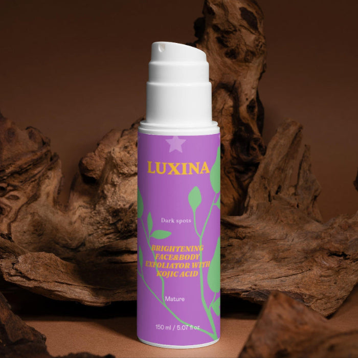Purple spray bottle with white cap labeled 'Luxina' on a brown background